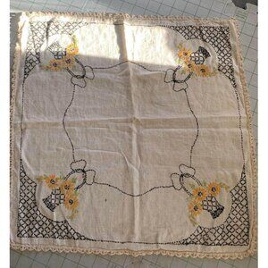 Hand Embroidered Flower Basket Doily Lace Edge 19”x19” Off-White Linen Vtg